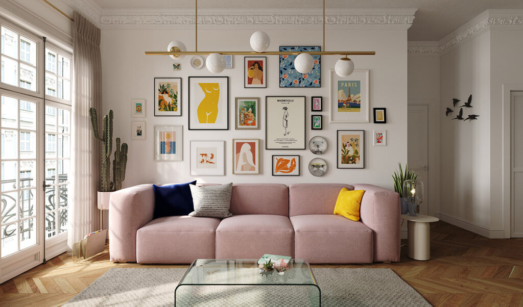 Современная гостиная 2023 розовый диван