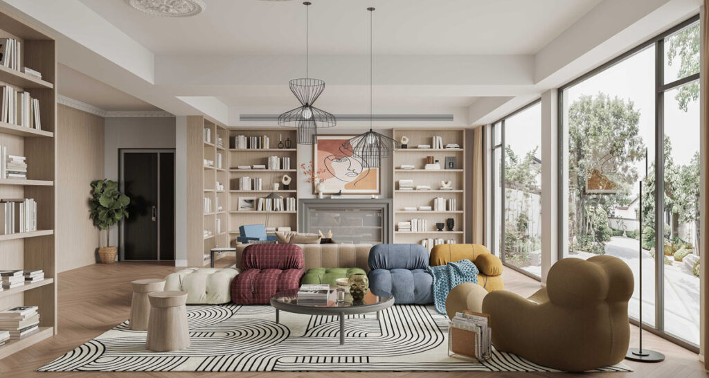 Современная гостиная 2023 цветной диван