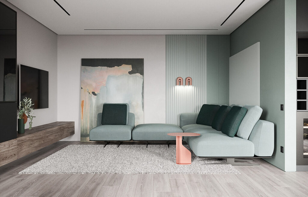Современная гостиная 2023 серый угловой диван