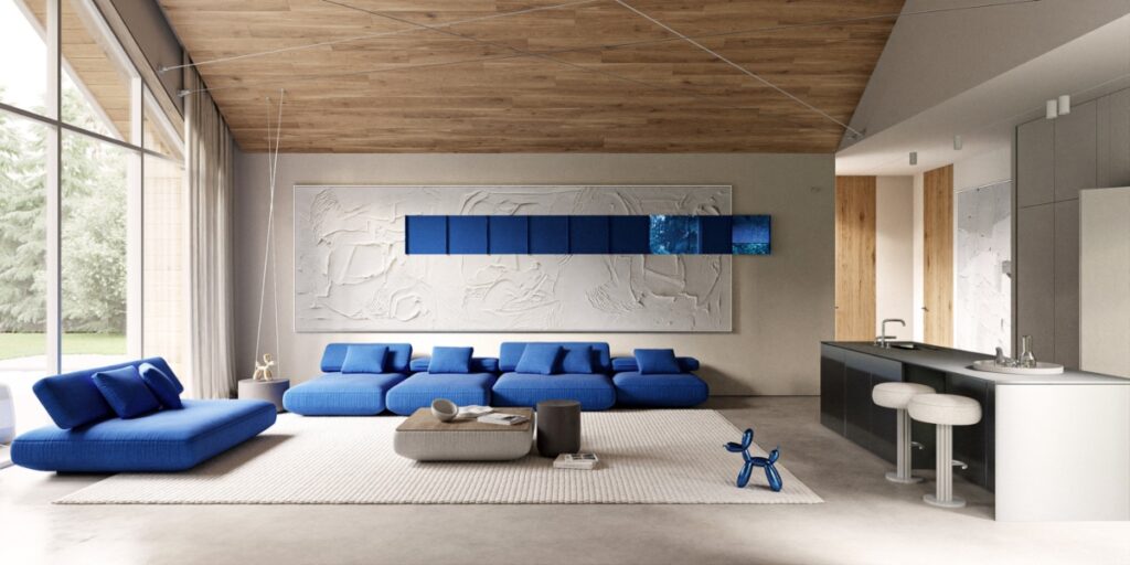 Синий диван большой