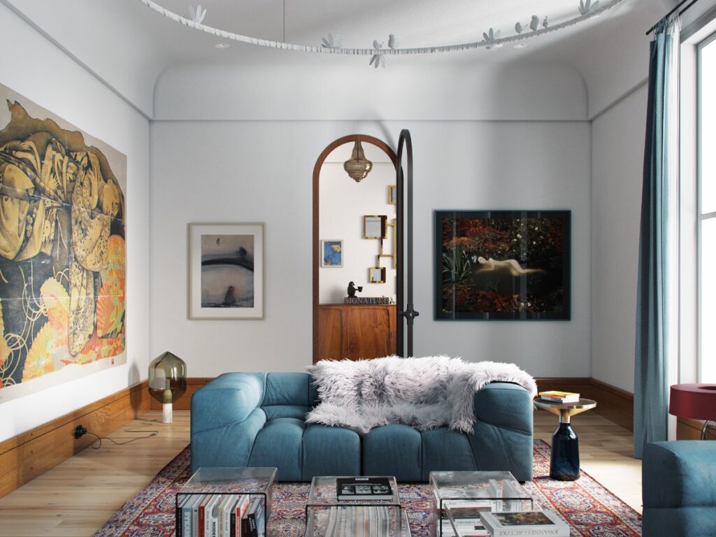 Синий диван двухместный современный