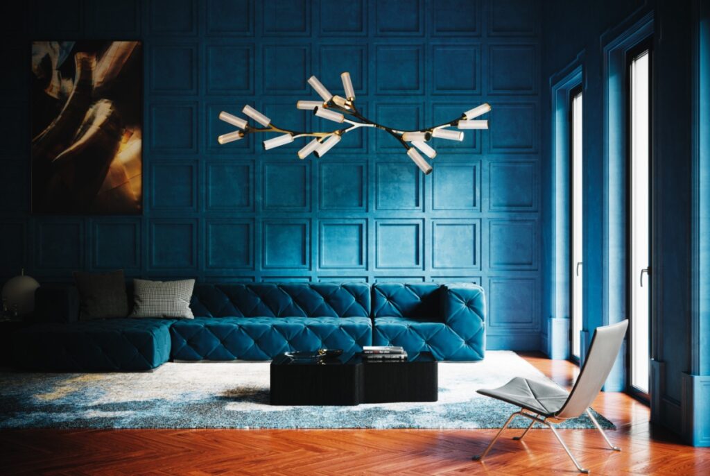 Синий диван с каретной стяжкой фото